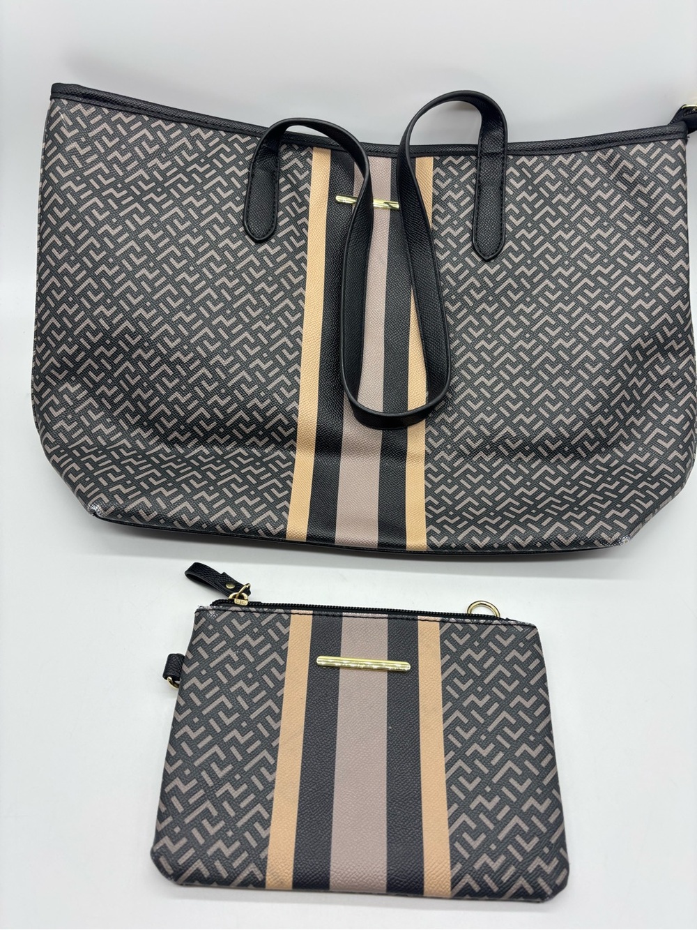 Time And Trustish Black Tan Geometric Stripe Tote Bag And Small Pouch